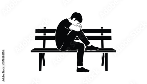 Vector sad young man sitting on a park bench, feeling lonely and depressed, silhouette illustration