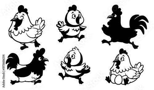 Cute Cartoon Chicken and Hen Vector Collection with Funny Farm Poultry Characters