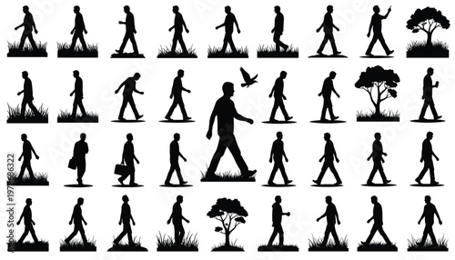 Vector set of silhouettes of people walking in different poses and trees