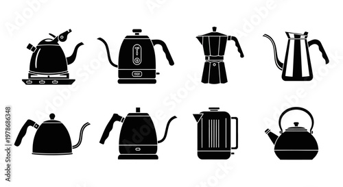 eight modern and vintage style electric and stovetop kettles in black silhouette on white background vector collection