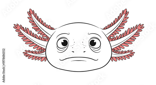 Simple line art illustration of an axolotl face with a sad expression drooping gills and large dark eyes on a white background.
