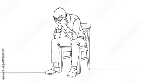 Vector continuous one line drawing of a man sitting on a chair with his head in his hands, feeling sad, depressed, or stressed