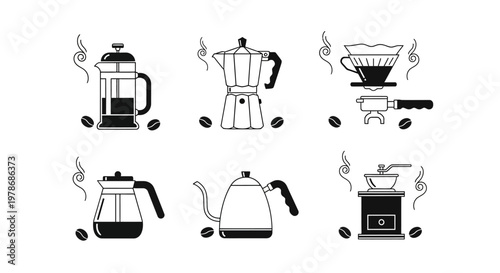 Professional coffee brewing methods and equipment icons featuring french press moka pot pour over kettle and grinder tools isolated vector graphic illustration