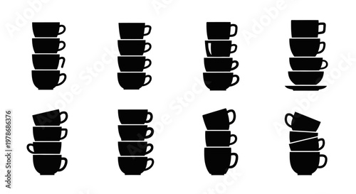 Stack of ceramic coffee cups and mugs icons collection showing various piling arrangements for kitchen storage or cafe dishware concept vector illustration art