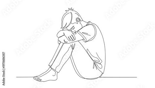 Vector line art illustration of a sad young man sitting on the floor with his head down and knees pulled to his chest, feeling lonely and depressed