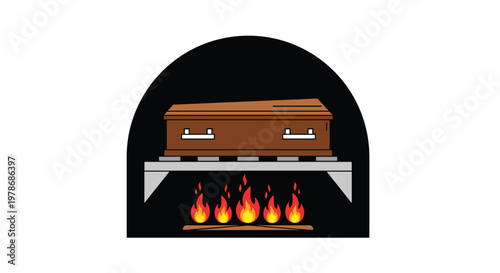 Illustration of a wooden coffin resting on a platform inside a dark furnace chamber with orange flames burning underneath.