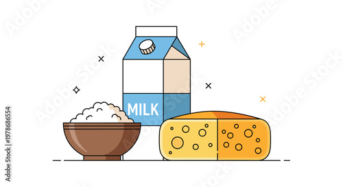 Flat vector illustration grouping various dairy products like a carton of milk a bowl of cottage cheese and a wedge of Swiss cheese.