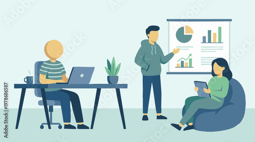 Business team collaborating on data analysis and presentation in office