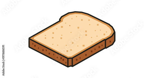 Isometric view of a single slice of toasted white bread with a dark brown outer crust and light porous center on white.