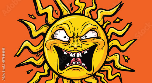 Angry cartoon sun face expression.