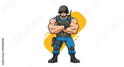 Muscular soldier mascot character stands with arms crossed wearing tactical gear and a combat helmet while looking ready for a difficult mission.