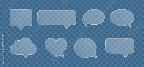 Mega Collection of Glassmorphism Speech Bubbles Vector. Various Frosted Glass Chat Shapes Including Heart, Cloud, and Round Frames for Web UI Design