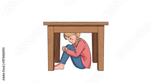 Little girl hides under a wooden table looking sad and frightened during a scary moment or a game of hide and seek in her family home.