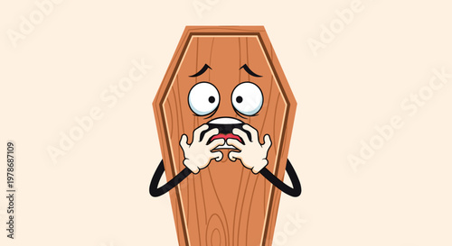 Cartoon wooden coffin character with large expressive eyes and white gloves displays a shocked and frightened expression during a spooky event.
