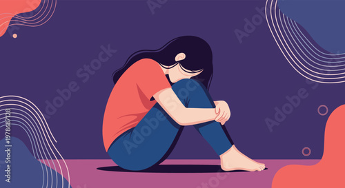 Sad young woman sits on the floor in a fetal position against a dark background with colorful abstract shapes representing mental health struggles.