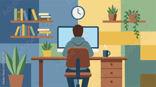 Person working on computer in a modern home office or study room