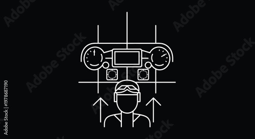 A white line illustration depicts a person wearing a virtual reality headset and controls