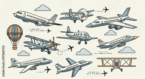 Collection of diverse aircraft and hot air balloon illustrations.