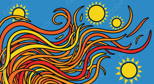 Colorful abstract swirling lines and suns.