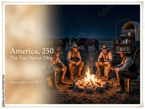 Greeting card of cowboys on Texas prairie circa 1875 with text America, 250 The Fire Never Dies.