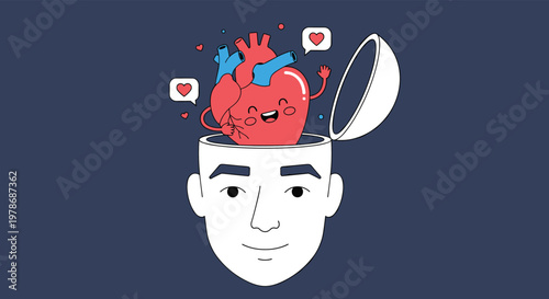 Smiling man has a happy personified heart character emerging from the top of his open head representing love emotional health and inner peace.