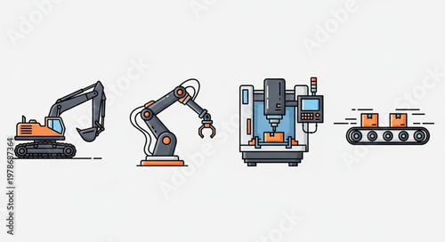 Industrial machinery set with excavator robot arm CNC machine and conveyor belt.