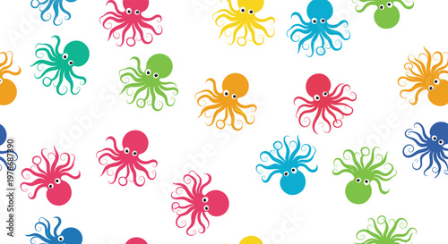 Colorful seamless pattern features many cute cartoon octopuses with large eyes in various bright colors swimming on a plain white background.