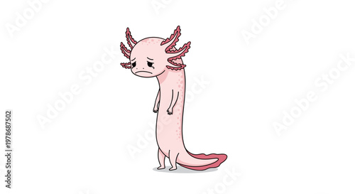 Sad and thin pink axolotl character stands vertically with a drooping expression and tired eyes against a clean and simple white background.