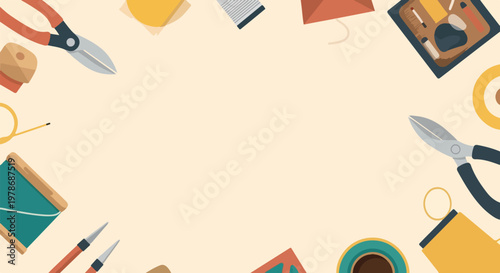 A collection of crafting and sewing tools arranged along the borders of a beige background, creating a central frame for text.