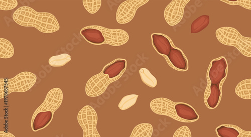 Seamless pattern shows a rich collection of whole and opened peanuts in their shells scattered on a warm brown background for food themes.