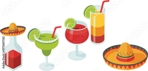 Isometric Mexican drinks collection with margarita cocktails tequila bottle lime slices and sombrero
