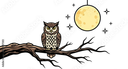 Brown owl sitting on tree branch under moonlight.