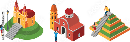 Isometric Mexican landmarks church cathedral and pyramid with tourists vector illustration for travel design