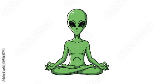 Green alien character sits in a cross legged meditation pose with its hands in mudra positions for a spiritual and space themed illustration.
