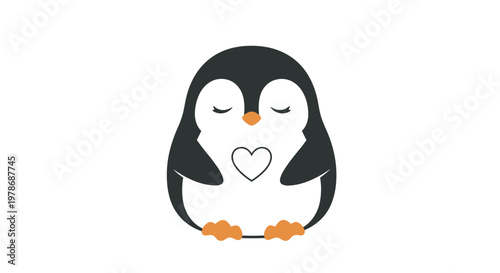 Cute little penguin with closed eyes stands holding a white heart against its chest in a sweet gesture for a romantic or friendship themed card.