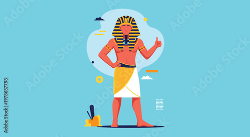 Ancient egyptian pharaoh character gives a confident thumbs up against a bright blue background with colorful abstract shapes and clouds.