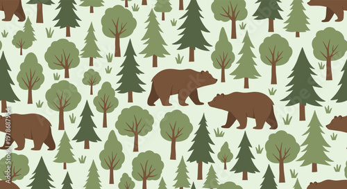 Seamless pattern featuring brown bears walking through a stylized forest with various evergreen and deciduous trees on a pale background.