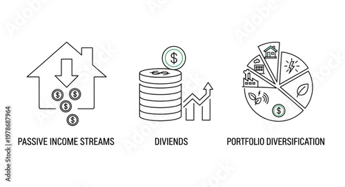 Financial icons representing passive income investing and diversification strategy.