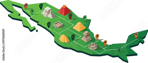 Isometric Mexico Travel Map with Cultural Landmarks and Route Navigation for Web Design