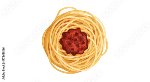 Top-down view illustration of a plate of spaghetti pasta arranged in a nest with a large portion of bolognese meat sauce in the center.