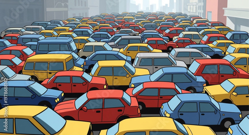 Vast gridlock of colorful cars in a city street.