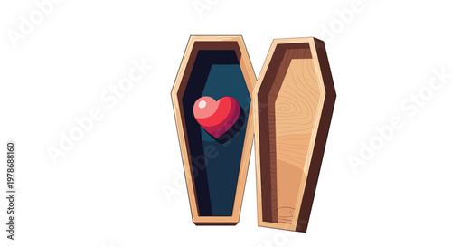 Conceptual illustration of a red cartoon heart resting inside an open dark-lined wooden coffin symbolizing lost love or grief.
