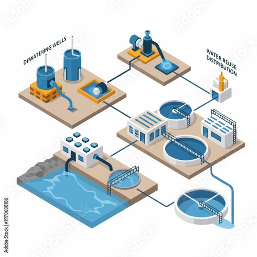 Industrial water treatment plant schematic diagram isometric view.