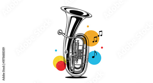 Stylized illustration of a brass tuba instrument surrounded by colorful abstract circles and floating black musical notes on a white background.