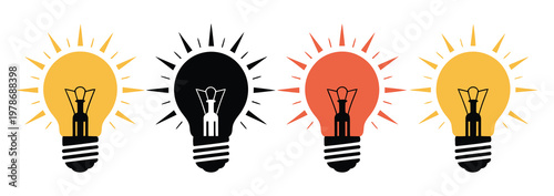 Four yellow light bulbs with keywords in black red and white, radiating lines on gray, vector illustration symbolizing inspiration, brainstorming, innovation and creative ideas.