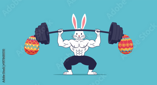 Humorous illustration of a strong muscular white rabbit lifting a heavy barbell with large decorated Easter eggs as weights on each side.
