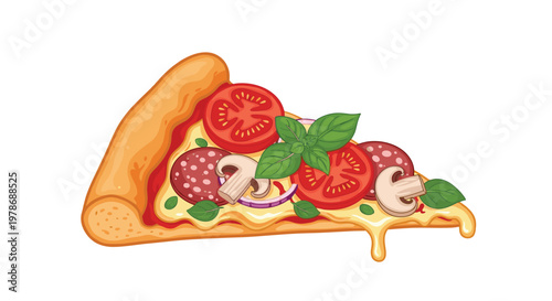 Appetizing slice of pepperoni pizza topped with fresh tomato slices, mushrooms, onions, and basil leaves on a bed of melted cheese.