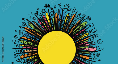 Colorful pencils around yellow circle.