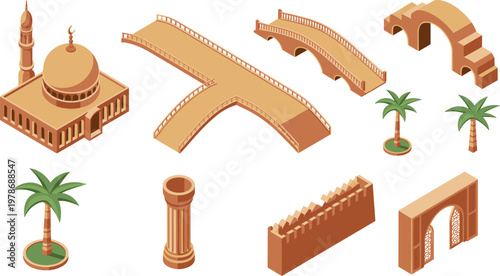 Isometric Middle Eastern architecture set with mosque bridges arches columns and palm trees elements