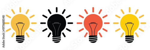 Four light bulbs in yellow with keywords in black red and white, radiating lines on gray background, vector illustration representing ideas, creativity, innovation, and brainstorming concepts.
